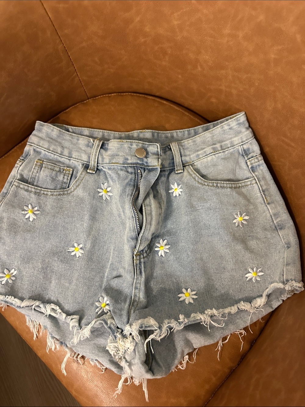 Daisy Embroidered Light Wash Denim Shorts - Women's